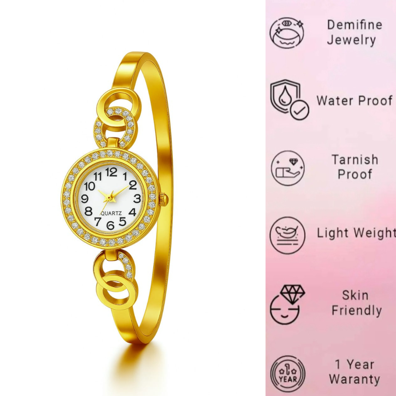 Gold Plated White Stone Watch - Image 2
