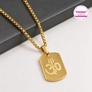 gold plated om trisul pendant chain